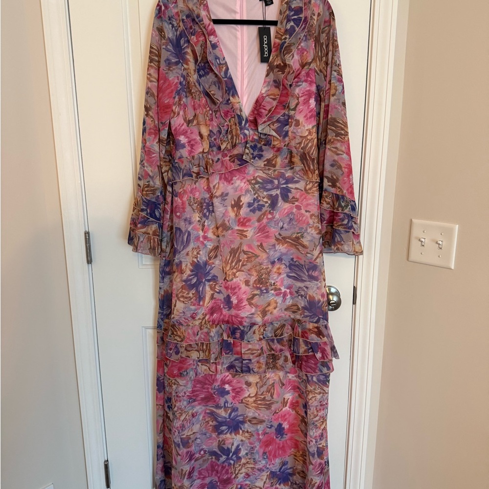 Boohoo Pink and Purple Floral Long Sleeve Dress